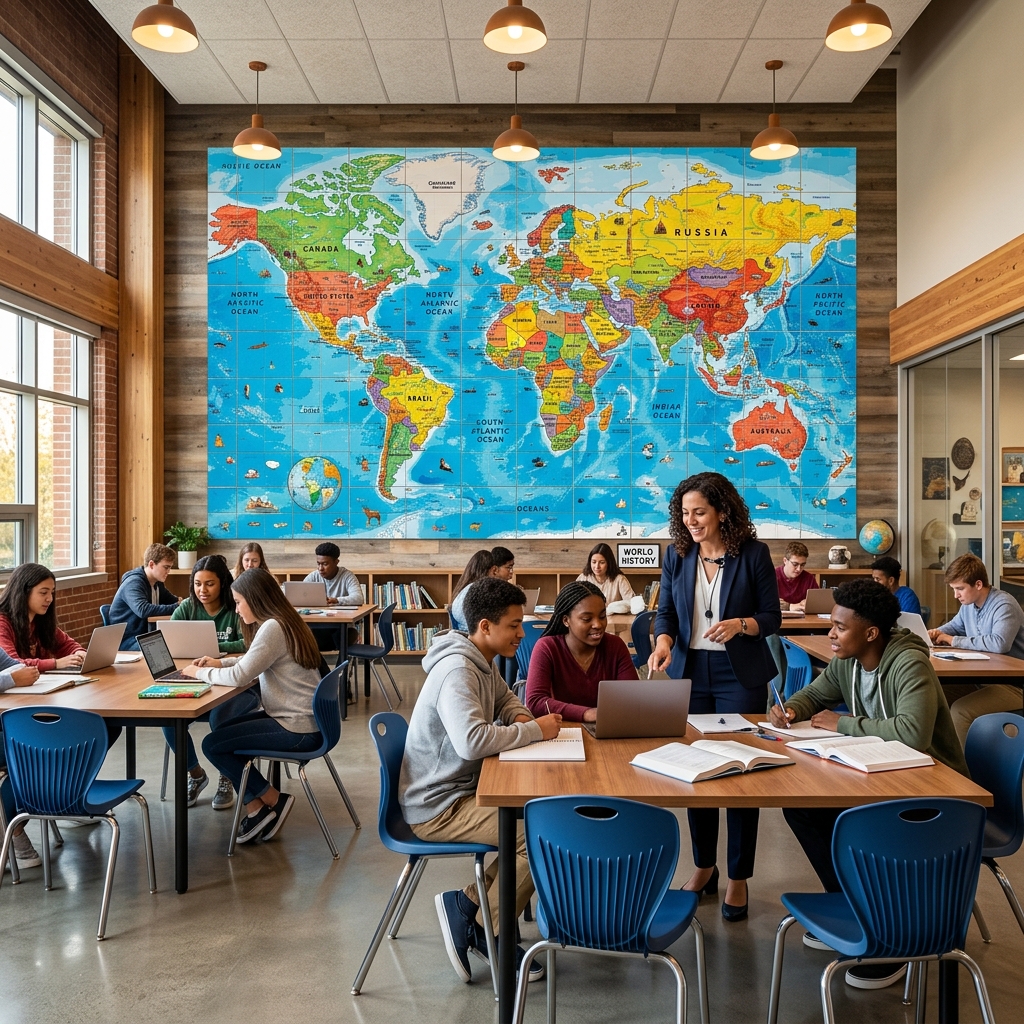 World map block poster tiled in a classroom