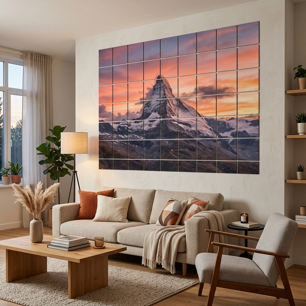 Minimalist living room with landscape block poster on the wall